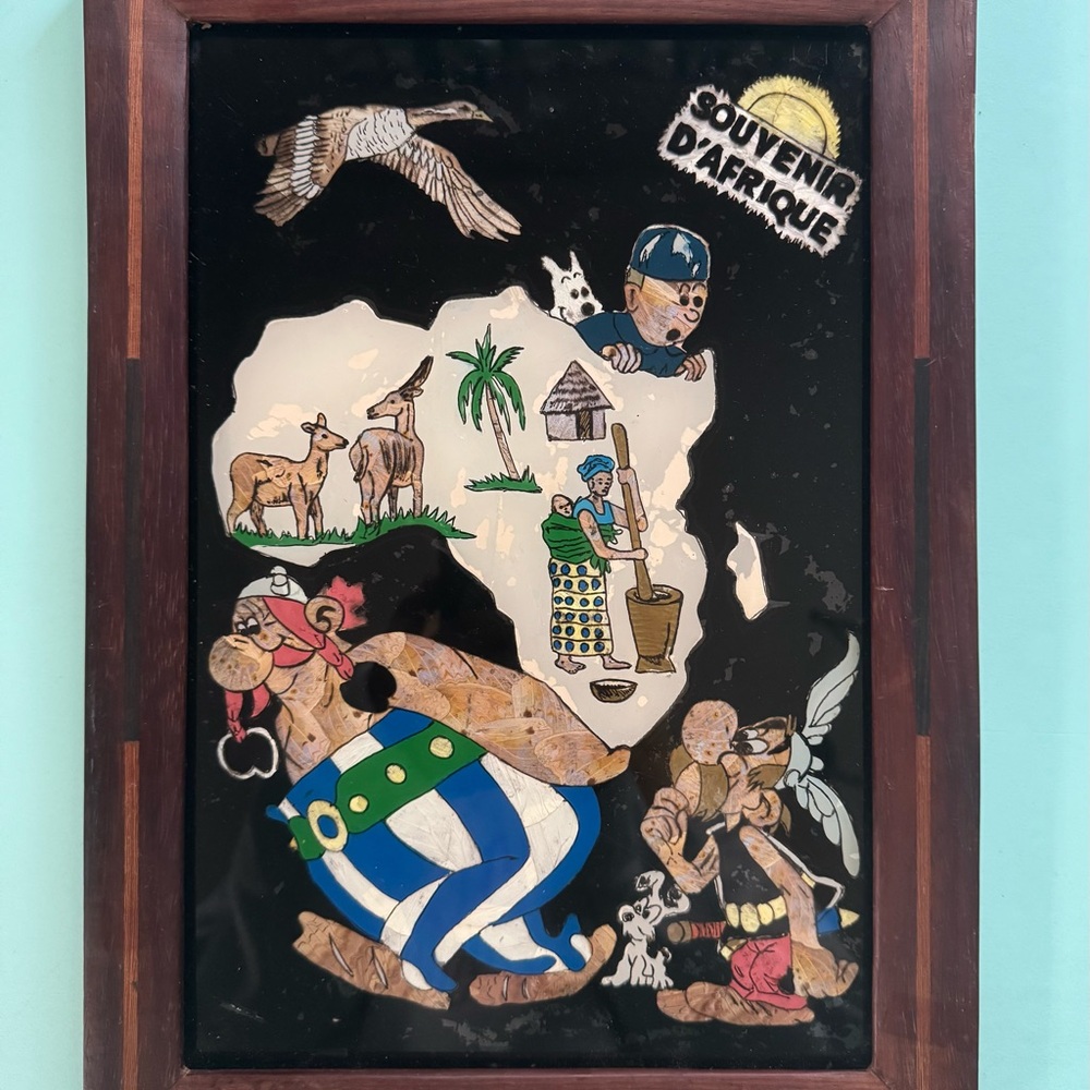 Vintage “Souvenir d’Afrique” Butterfly Wing Art – Asterix & Obelix African Scene